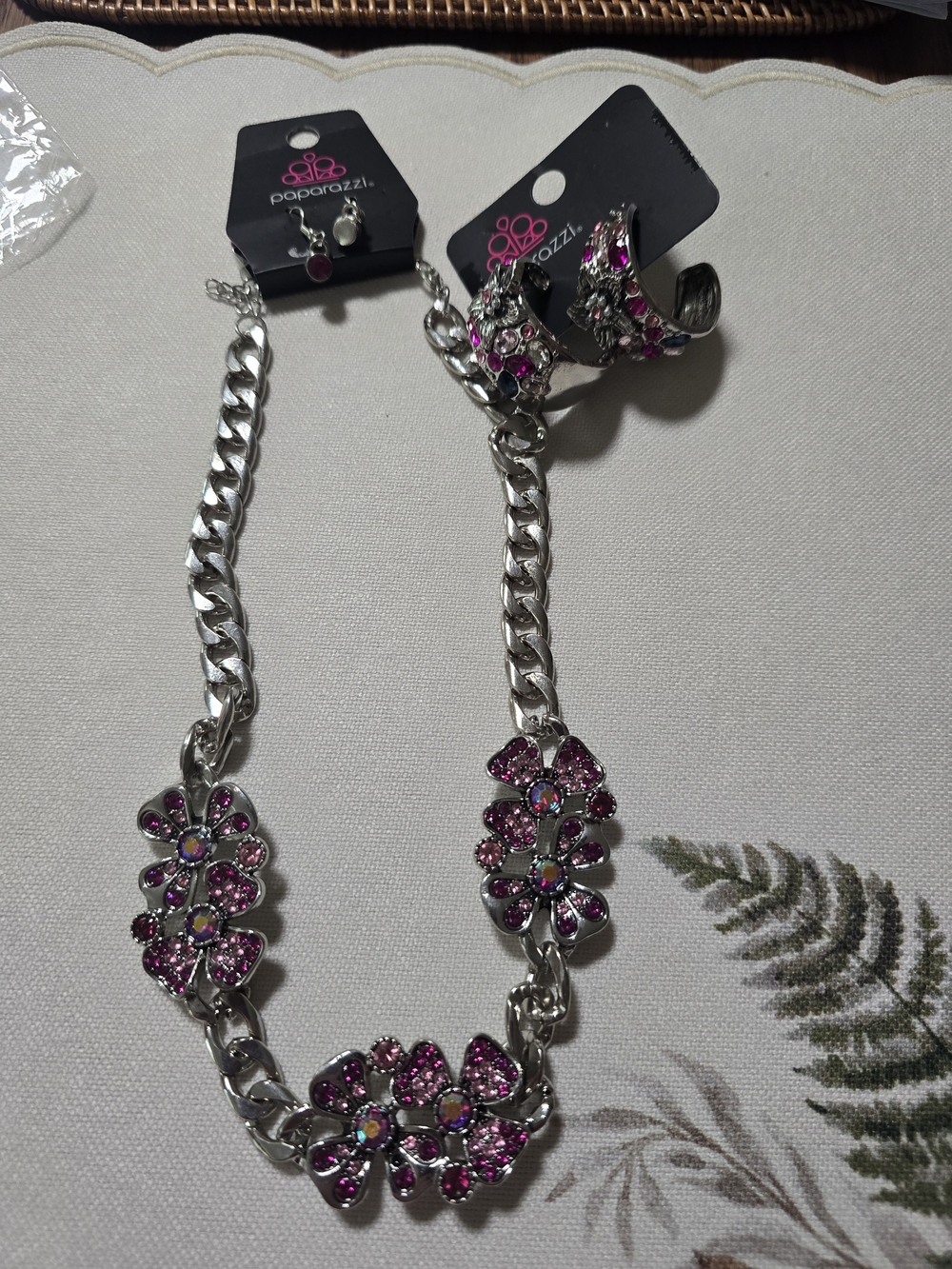 Paparazzi Necklace with Pink Crystal Flower Accents & Matching Earring Set